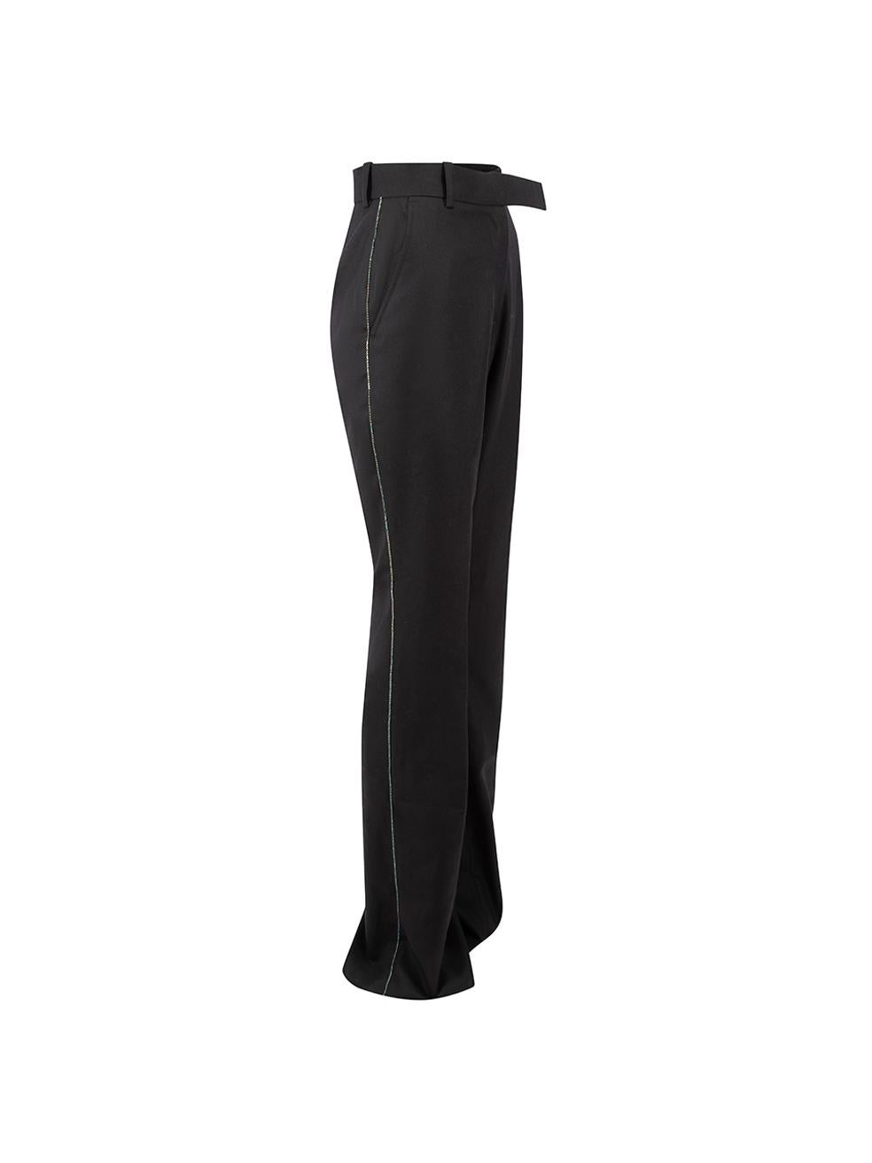 CONDITION is Very good. Hardly any visible wear to trousers is evident on this used Sanne designer sample item. 
 
 Details
  Designer sample item
 Black
 Wool
 Flared long trousers
 Beaded accent on sides
 High rise
 Front zip closure with clasps
