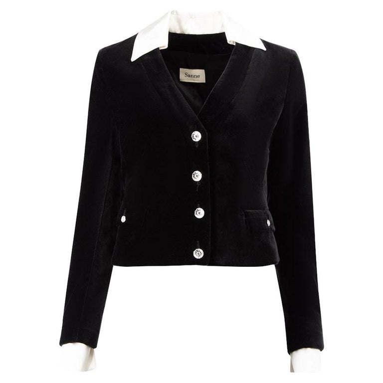 Sanne Women's Black Velvet Contrast White Trim Cropped Jacket For Sale