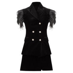 Set gilet e gonna in velluto nero con piume da donna Sanne