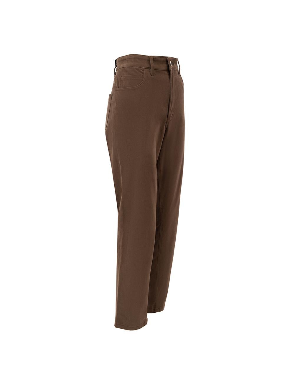 CONDITION is Very good. Hardly any visible wear to trousers is evident. Some loose threads along the top hem are on this Sanne designer sample item. 
 
 Details
  Designer sample item
 Brown
 Cotton
 Straight leg trousers
 Mid rise
 Front zip