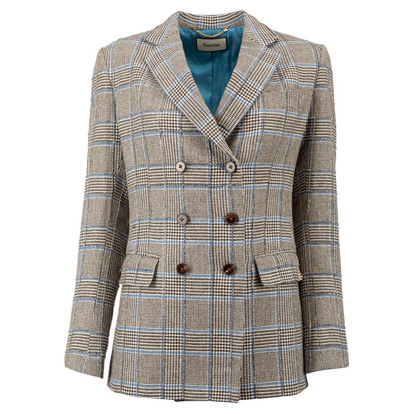 Sanne Women
s Grey Check Blue Jewel Detail Blazer