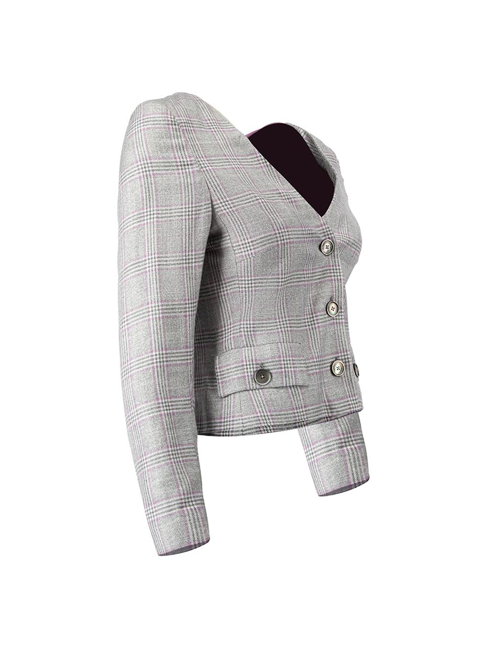 CONDITION is Never Worn. No visible wear to jacket is evident on this used Sanne designer sample item. 
 
 Details
  Designer sample item
 Grey
 Wool
 Cropped jacket
 Tartan pattern
 Single breasted
 Buttoned cuffs
 Front side pockets with buttoned