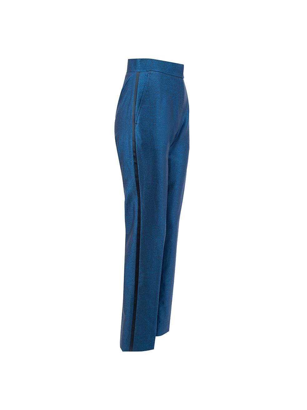CONDITION is Never Worn. No visible wear to trousers is evident on this used Sanne designer sample item. 
 
 Details
  Designer sample item
 Metallic blue
 Synthetic
 Straight leg trousers
 Side black stripe accent
 High rise
 Front zip closure with
