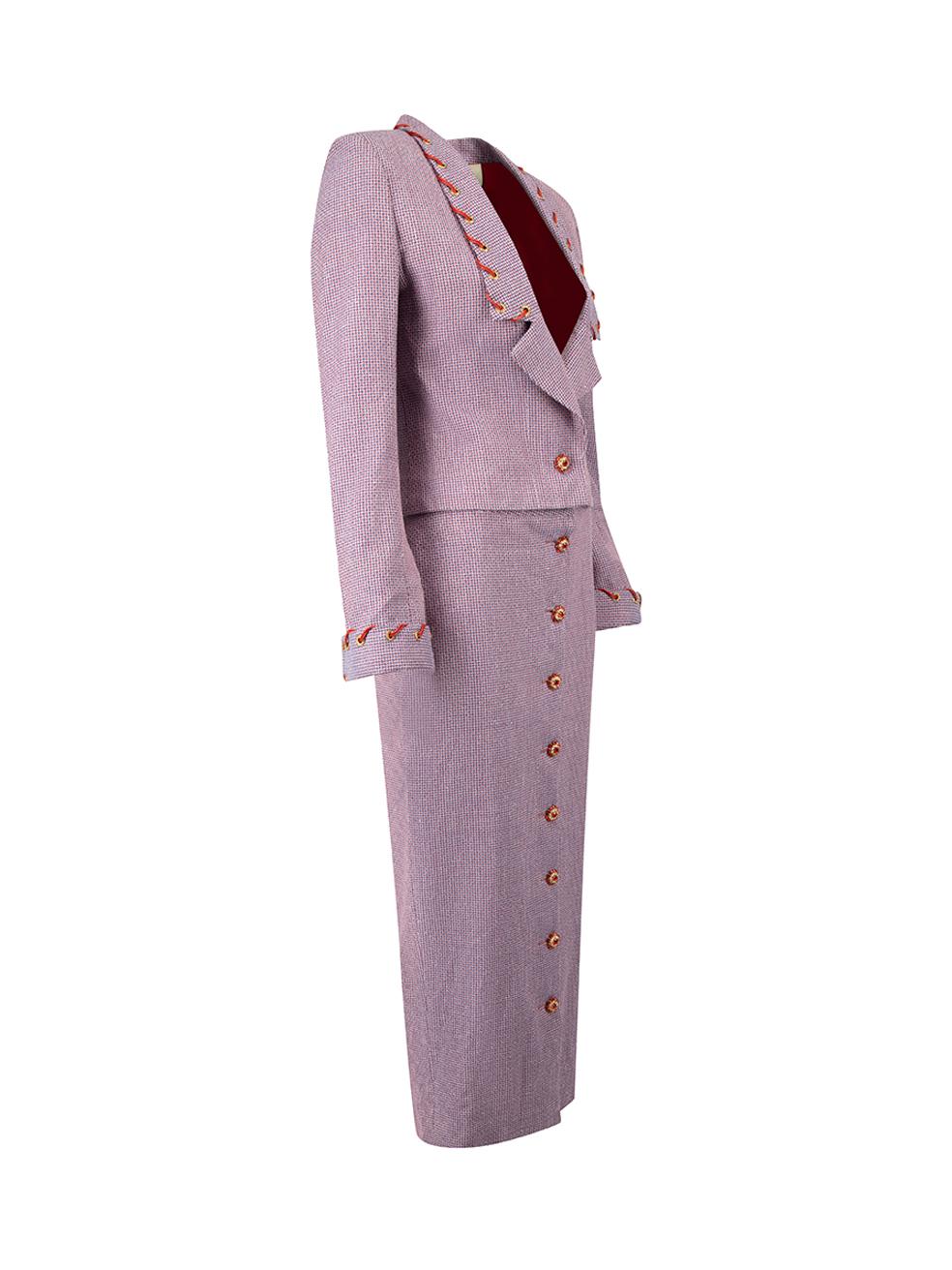 CONDITION is Very good. Hardly any visible wear to set is evident on this used Sanne designer sample item. 
 
 Details
  Designer sample item
 Purple
 Wool
 Skirt suit set
 Weave pattern
 Cropped blazer
 Single breasted with gemstone button
 Red
