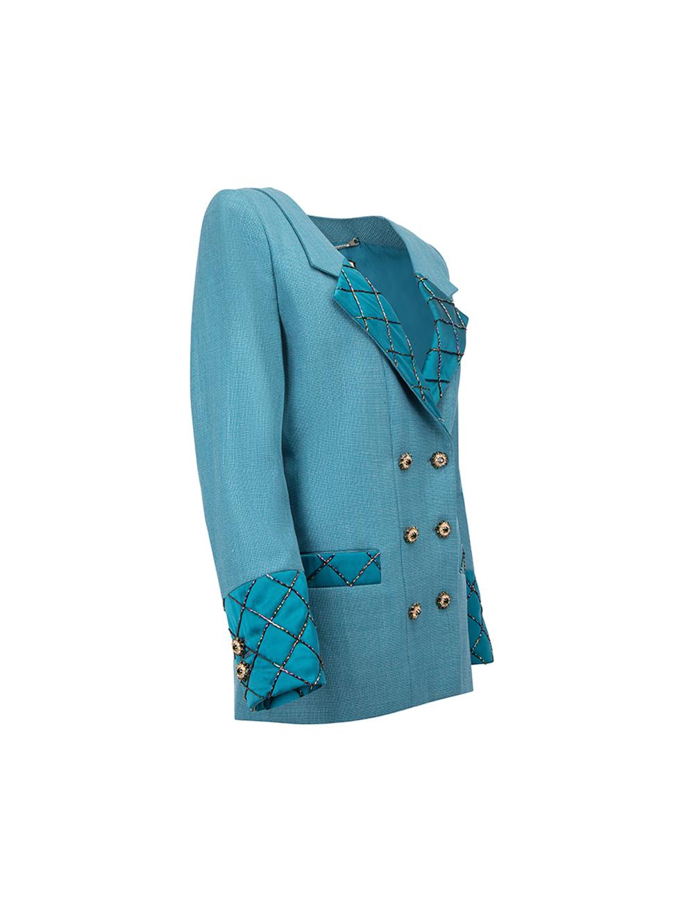 CONDITION is Very good. Hardly any visible wear to blazer is evident. Minor thread pulls to blazer are seen on this Sanne designer sample item. 
 
 Details
  Designer sample Item
 Teal
 Tweed
 Blazer
 Double breasted gemstones buttons
 Buttoned