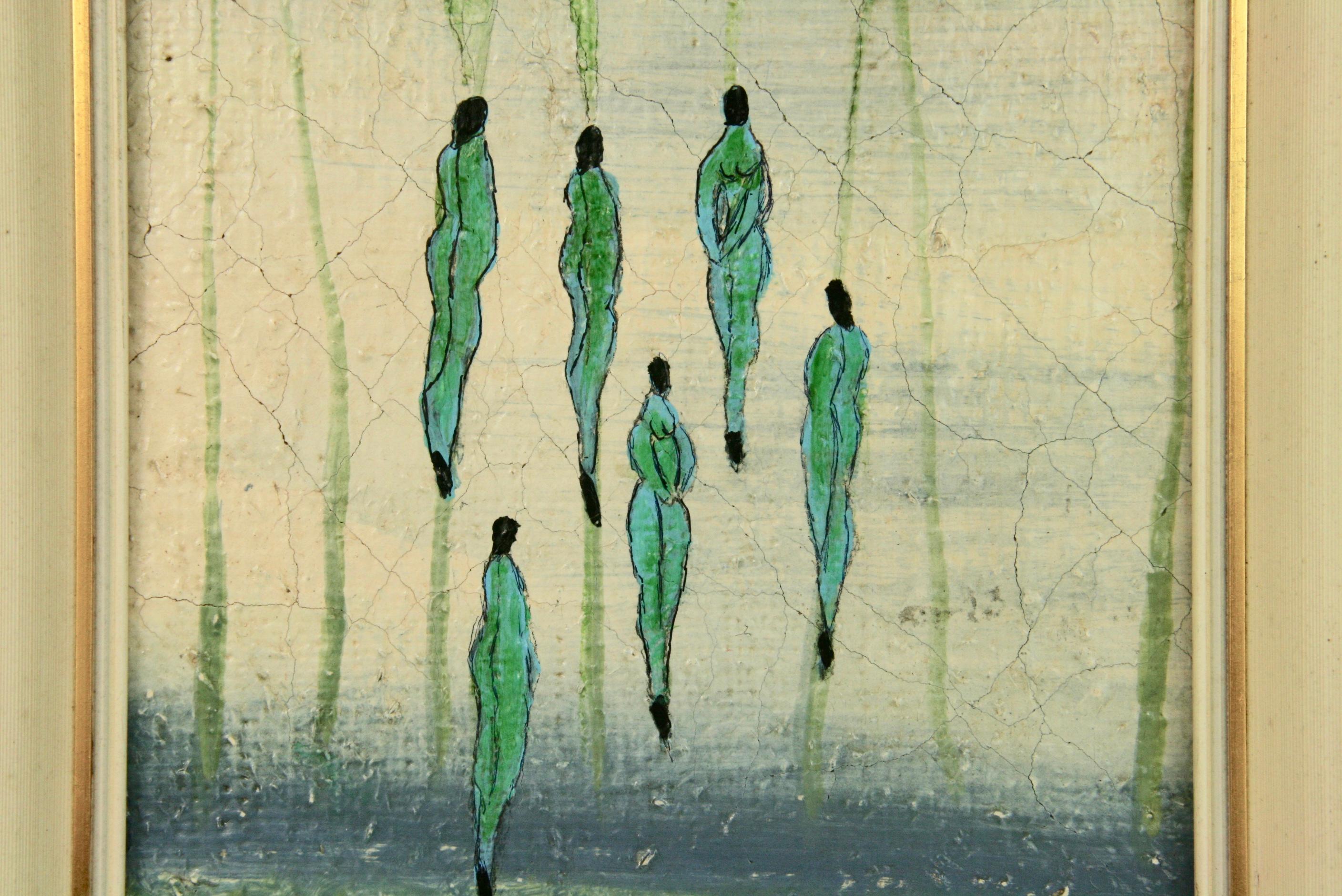 Antique French Desnudos Azules Surrealistas Figurativos Años 40 Firmado Sannaro - Nude Painting Beige de Sannoro