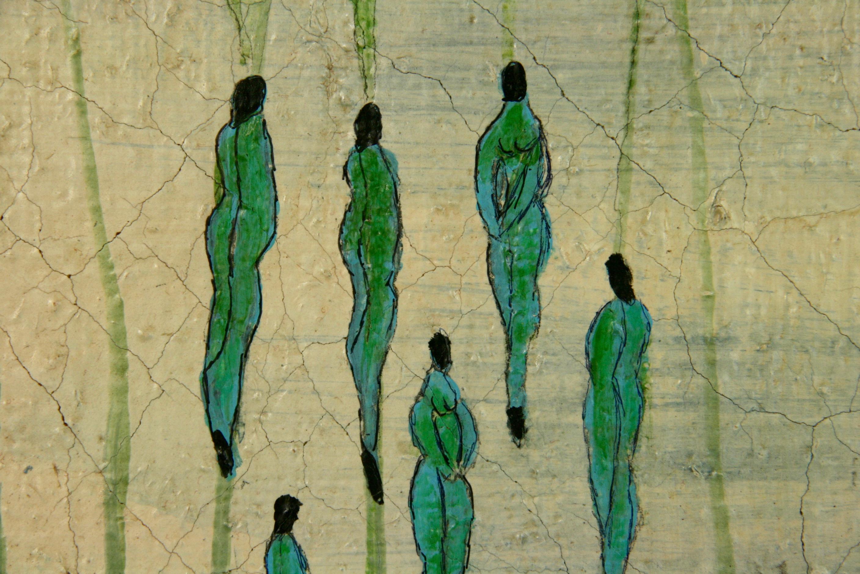 #5-3176b  Figuras desnudas surrealistas en azul  sobre tabla, presentado en un marco de madera, firmado por Sannoro. Tamaño de la imagen 15,5 A x8,5 A