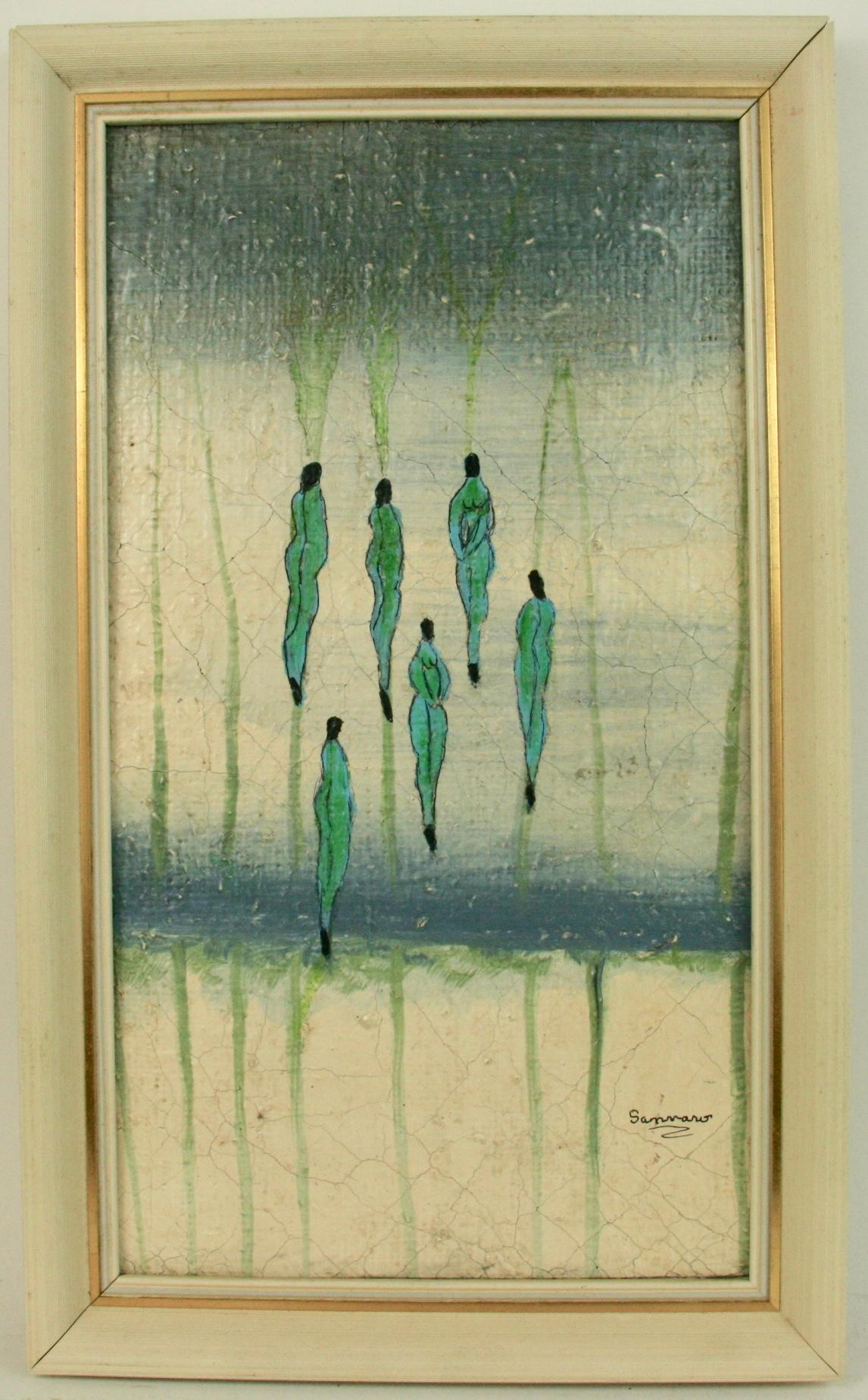 Sannoro Abstract Painting - Blue Surreal Figurative Abstract 1940's Signed Sannaro