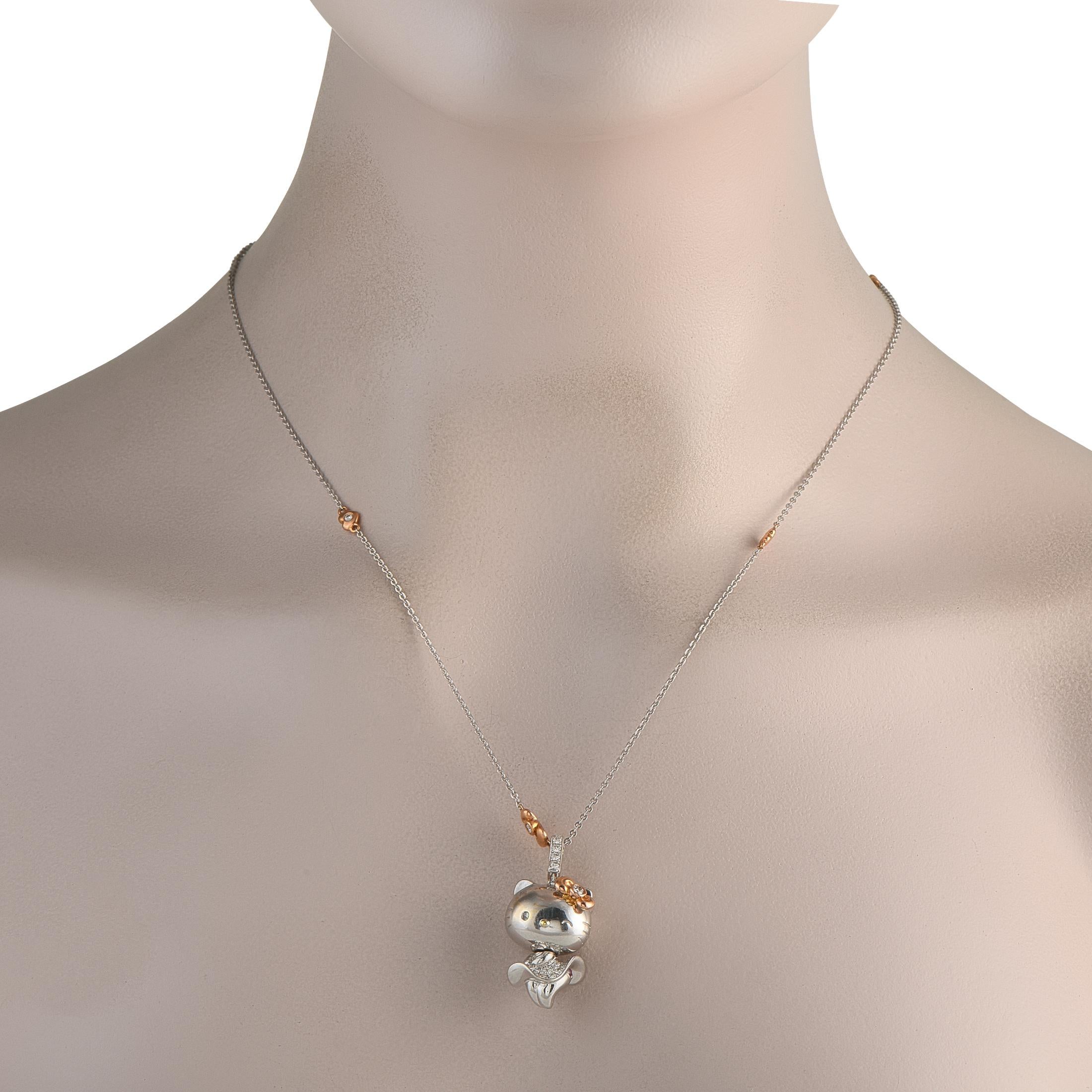 The Sanrio brands most iconic character makes a statement on this exquisite 18K White Gold necklace. Charming and elegant, the Hello Kitty pendant measures 1.25 long by 0.75 wide and is suspended from a 24 chain. Diamonds totaling 0.57 carats add a