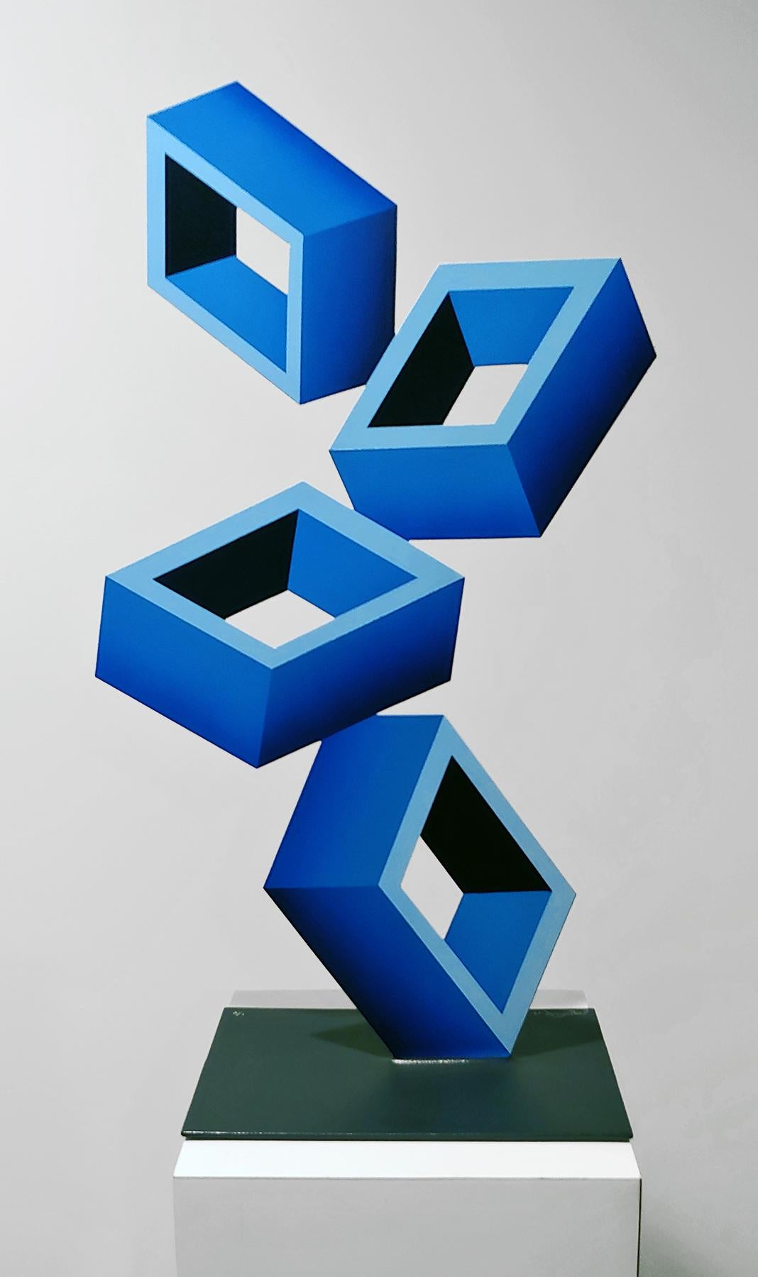 4 Blue Boxes illusion sculpture, 28x16, Metal and Enamel, - Sculpture by Sanseviero