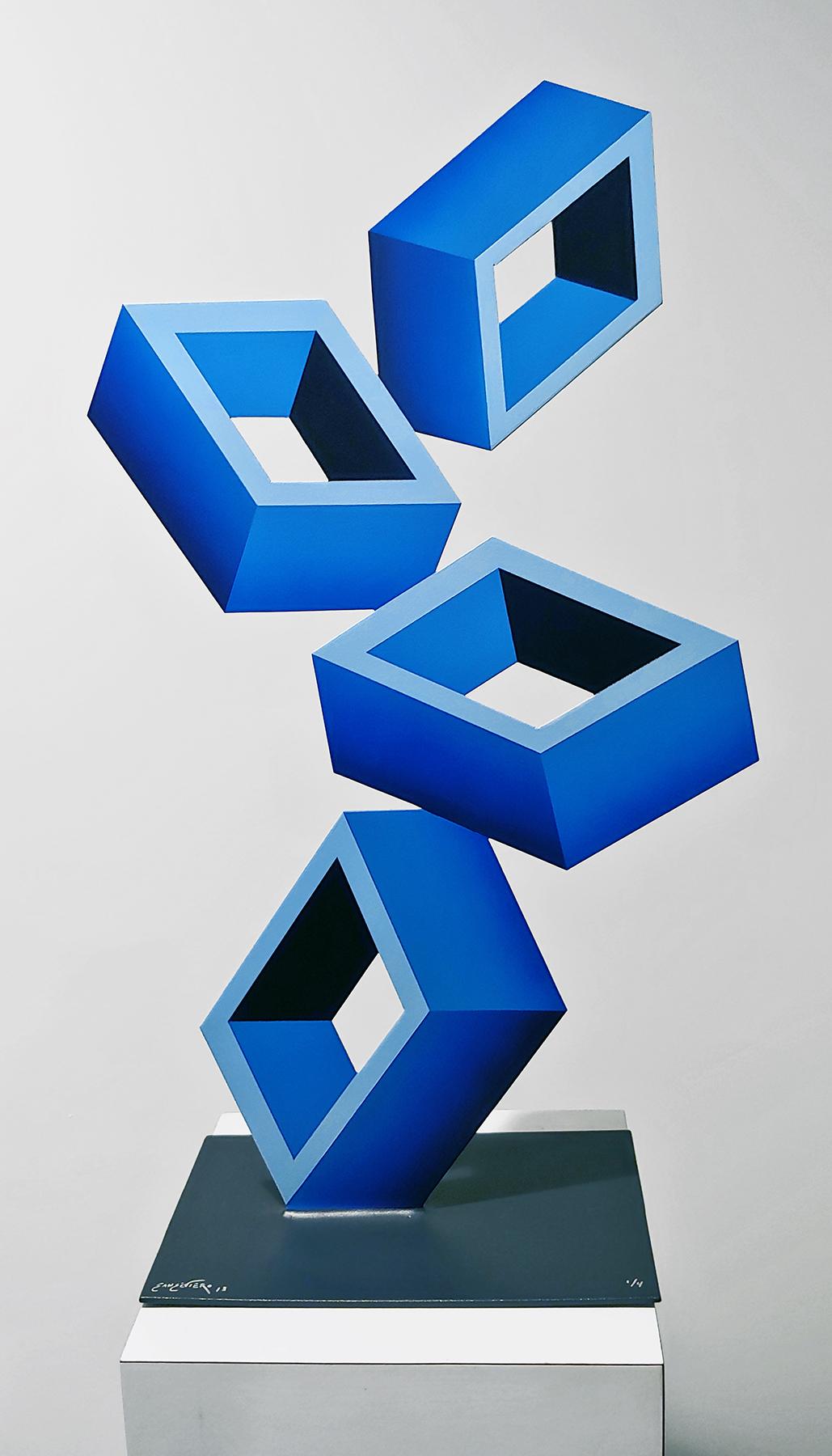 Sanseviero Abstract Sculpture - 4 Blue Boxes illusion sculpture, 28x16, Metal and Enamel,