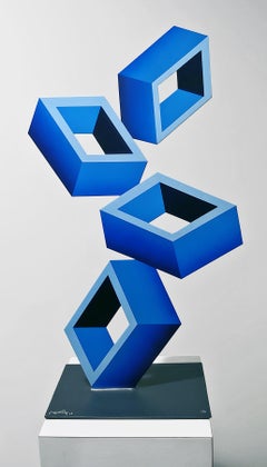 4 Blue Boxes illusion sculpture, 28x16, Metal and Enamel,
