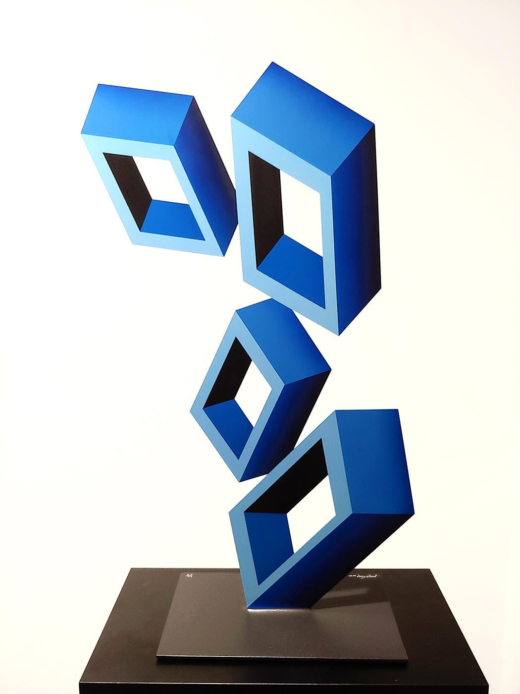 4 Bright Blue Boxes.... illusion sculpture, metal and enamel - Sculpture by Sanseviero