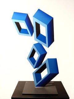 4 Bright Blue Boxes.... illusion sculpture, metal and enamel