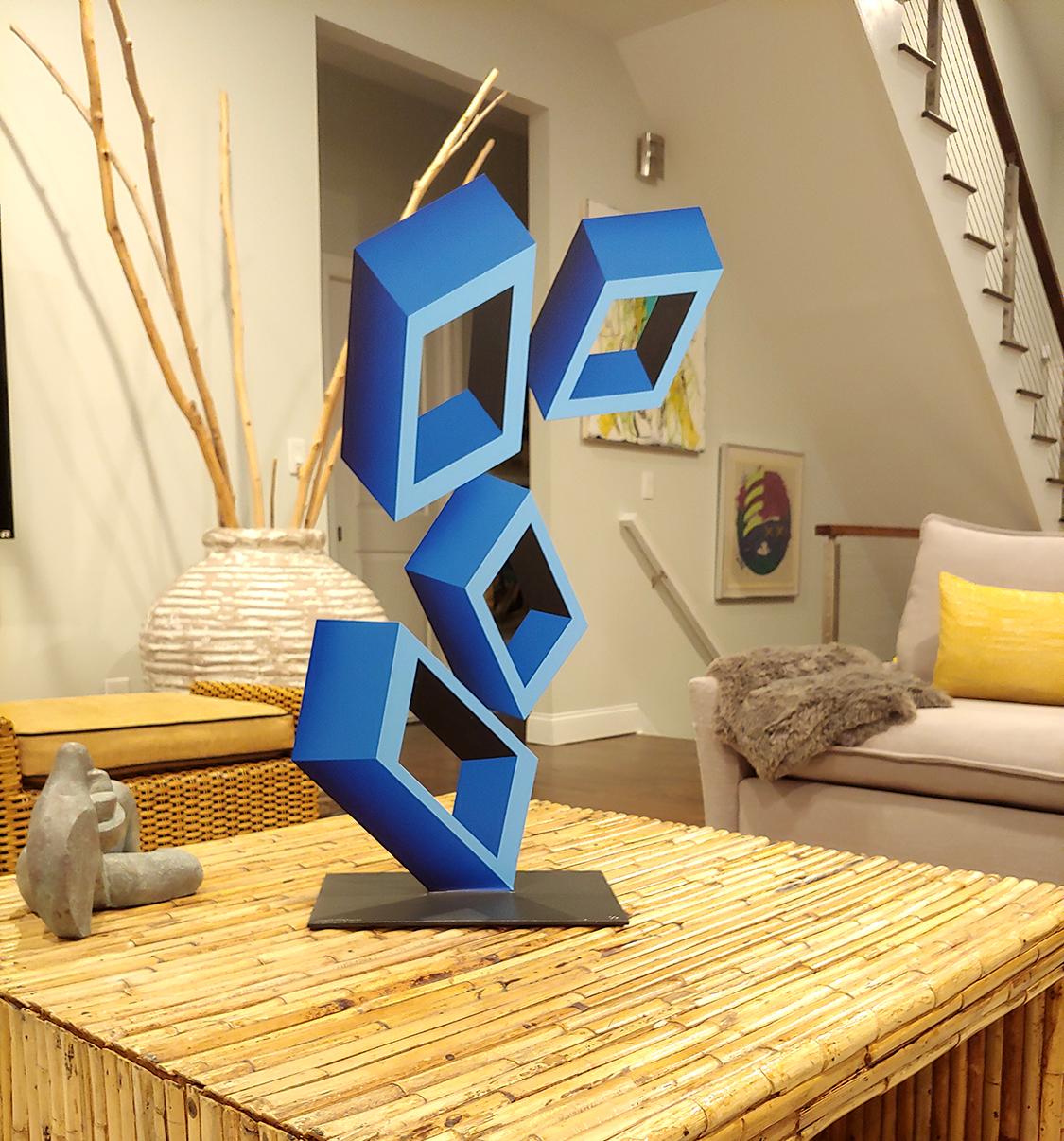 4 Bright Blue Boxes.... illusion sculpture, metal and enamel - Abstract Sculpture by Sanseviero