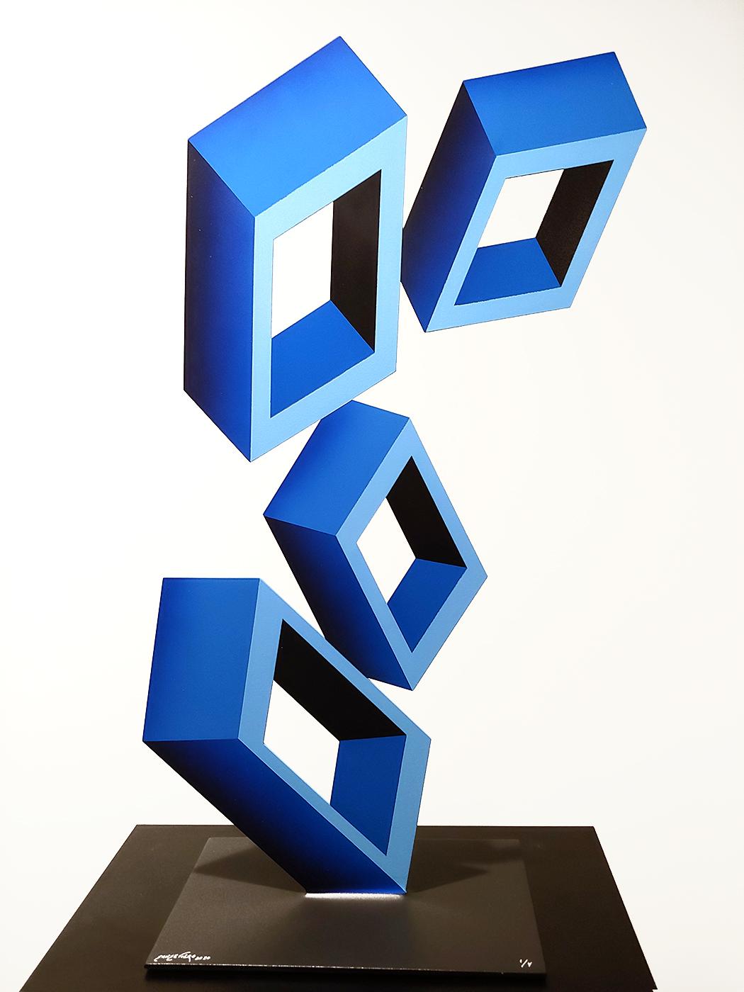 Sanseviero Still-Life Sculpture - 4 Bright Blue Boxes.... illusion sculpture, metal and enamel