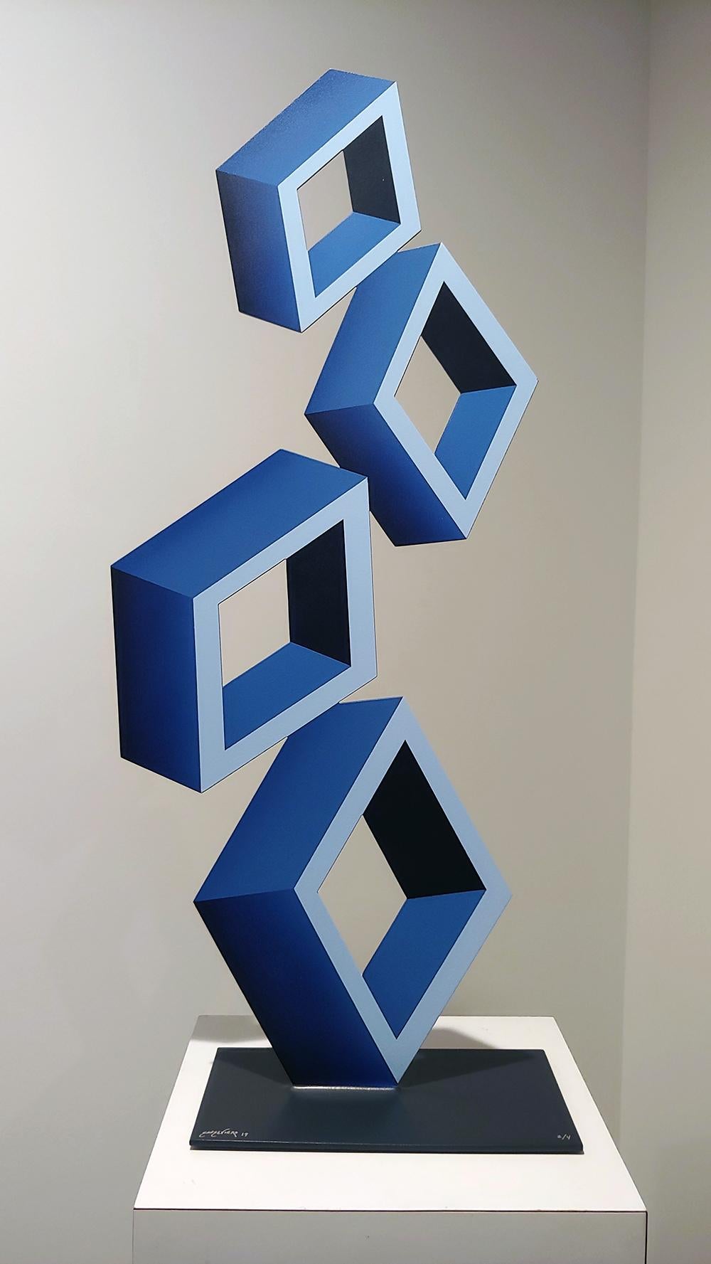 Sanseviero Abstract Sculpture - "4 Blue Boxes" illusion sculpture,  28x 12" Metal and Enamel, 