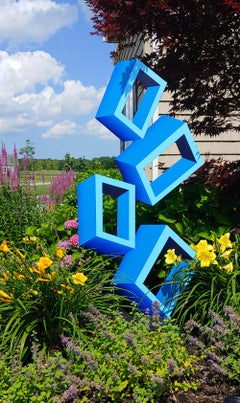 4 grandi scatole blu illusione Scultura da esterno, alluminio e smalto, 60x30
