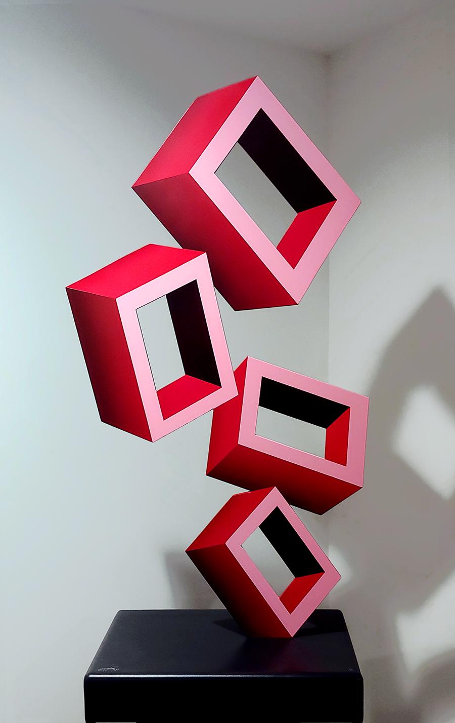 "4 Large Red Boxes" Illusion Sculpture, Aluminum and Enamel
