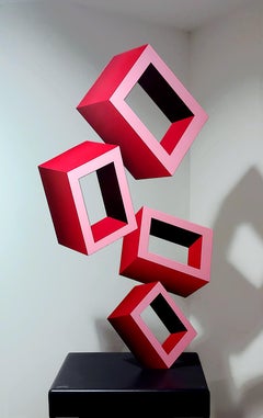 "4 Large Red Boxes"  42" tall Illusion Sculpture, Aluminum and Enamel