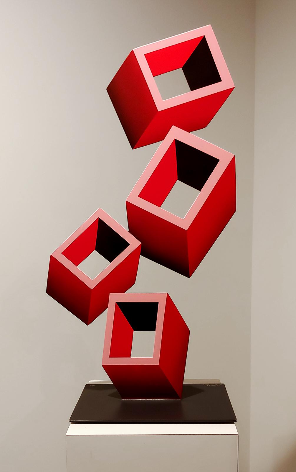 Sanseviero Abstract Sculpture - 4 Red Boxes FLAT Illusion sculpture, Metal and Enamel