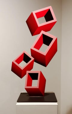 4 Red Boxes FLAT Illusion sculpture, Metal and Enamel