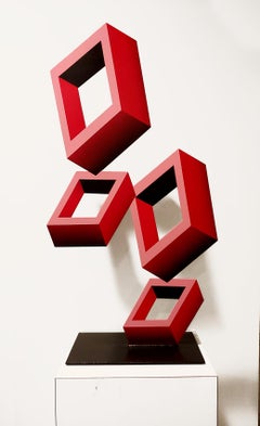 4 Red Boxes illusion Sculpture, Metal and Enamel, 28x15"