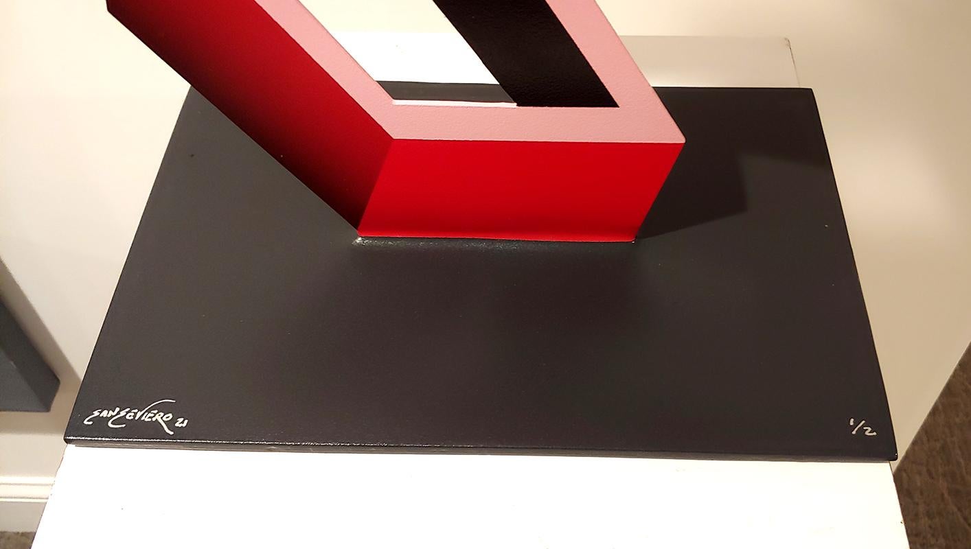 4 Red Boxes  illusion sculpture, metal and enamel   - Gray Abstract Sculpture by Sanseviero