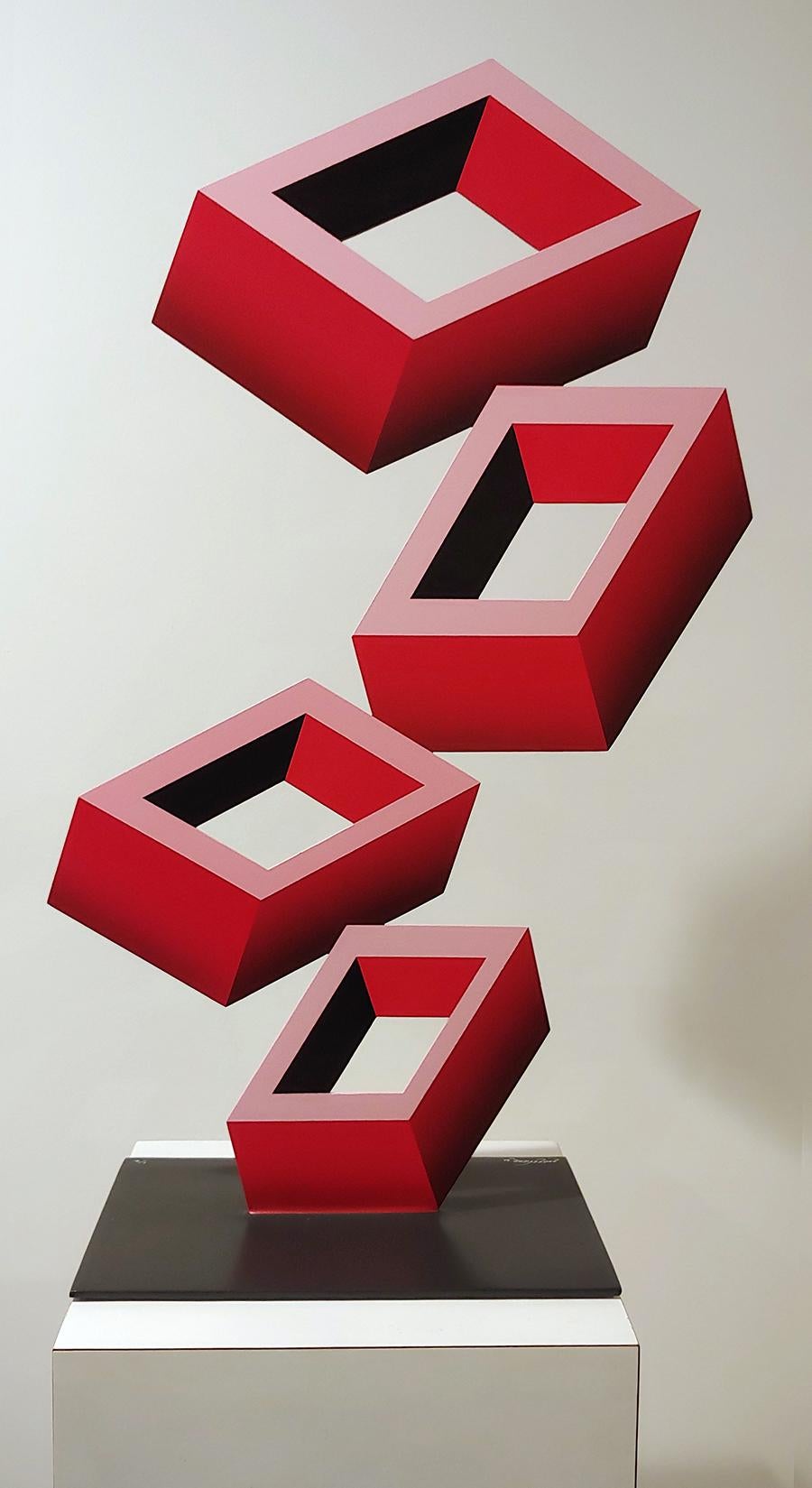 Sanseviero Abstract Sculpture - 4 Red Boxes  illusion sculpture, metal and enamel  
