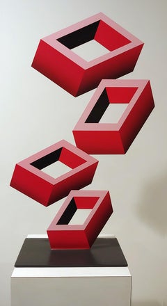 4 Red Boxes  illusion sculpture, metal and enamel