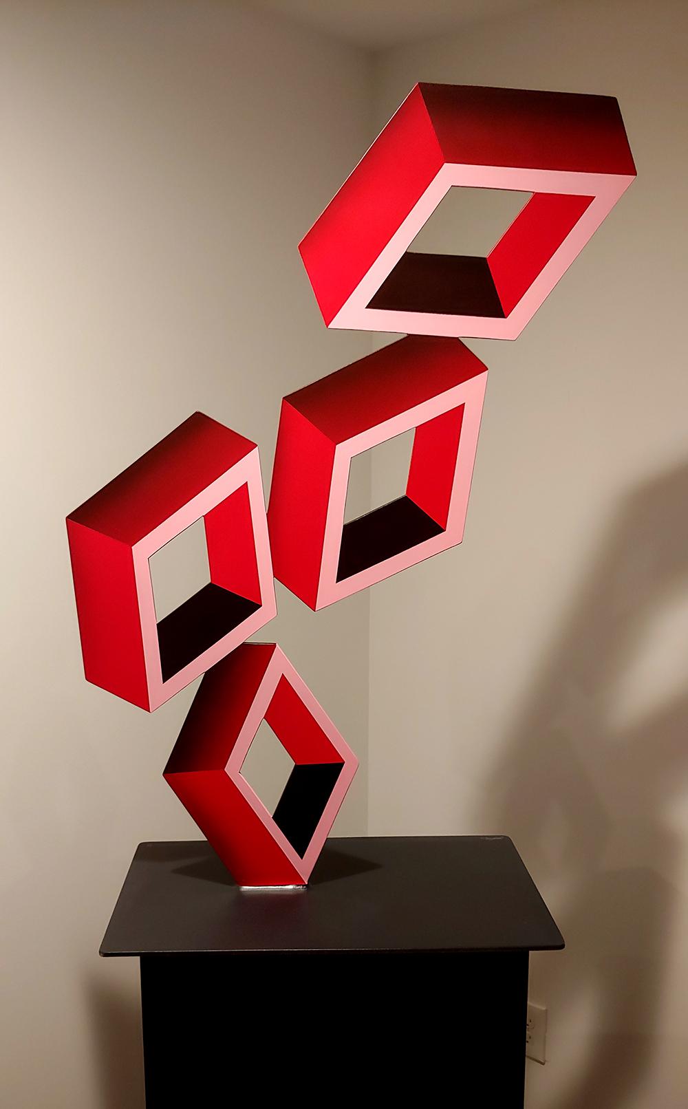 Sanseviero Abstract Sculpture - Large Aluminum illusion sculpture 4 Red Boxes flat Geometric 3D effect 40x27 