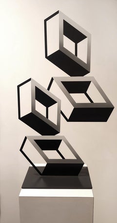 "4 White and Gray Boxes" illusion sculpture 2021 see through metal effect