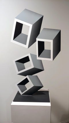 4 White and Gray boxes, illusion sculpture, 28x16 Metal and Enamel