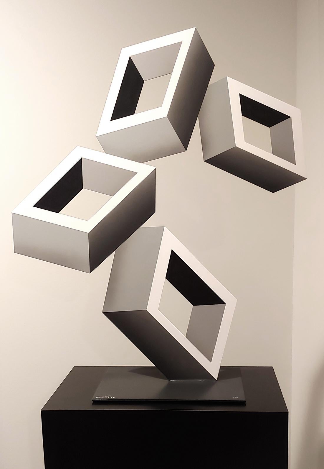 Sanseviero Abstract Sculpture - "4 White Boxes Illusion Sculpture"