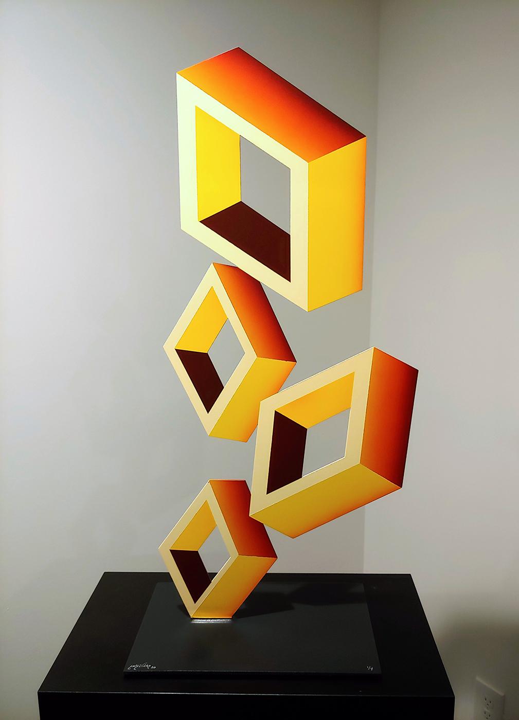 Sanseviero Abstract Sculpture - "4 Yellow Boxes"................ 2020 Illusion sculpture Metal and enamel 