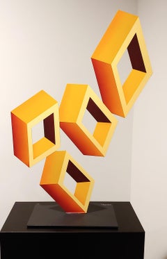 "4 Yellow Boxes illusion Sculpture"  28x19"  Enamel and Metal
