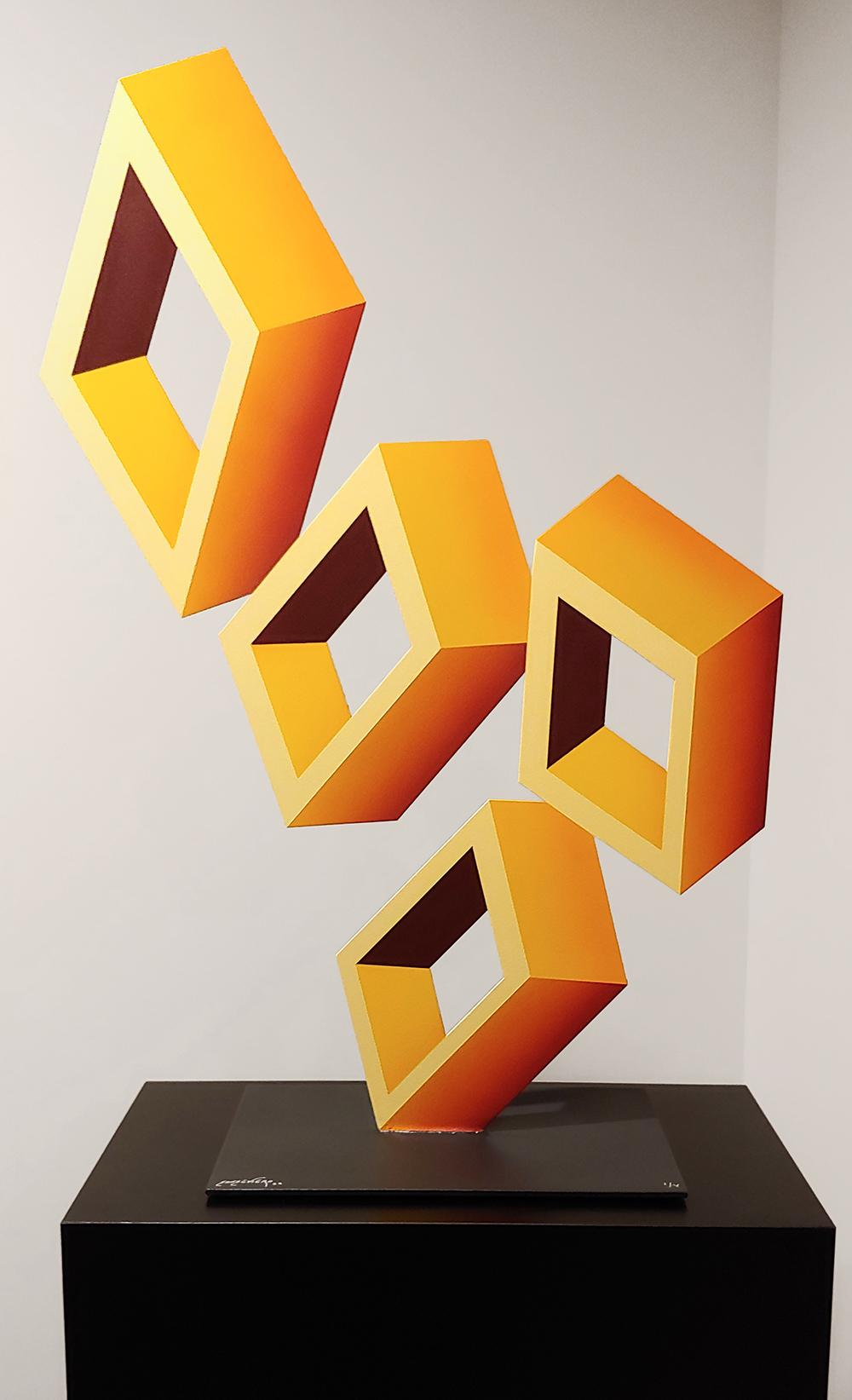 Sanseviero Abstract Sculpture - "4 Yellow Boxes illusion Sculpture"  28x19"  Enamel and Metal