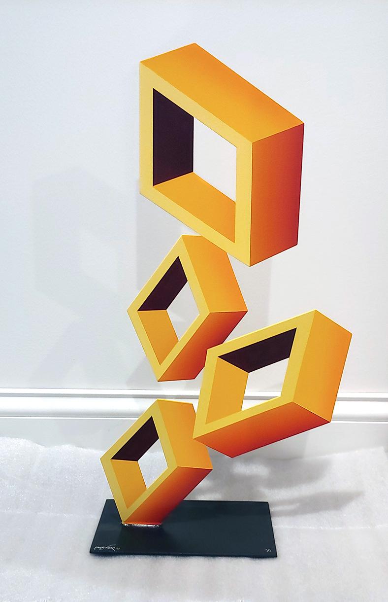 Sanseviero Abstract Sculpture - 4 Yellow Boxes Illusion Sculpture