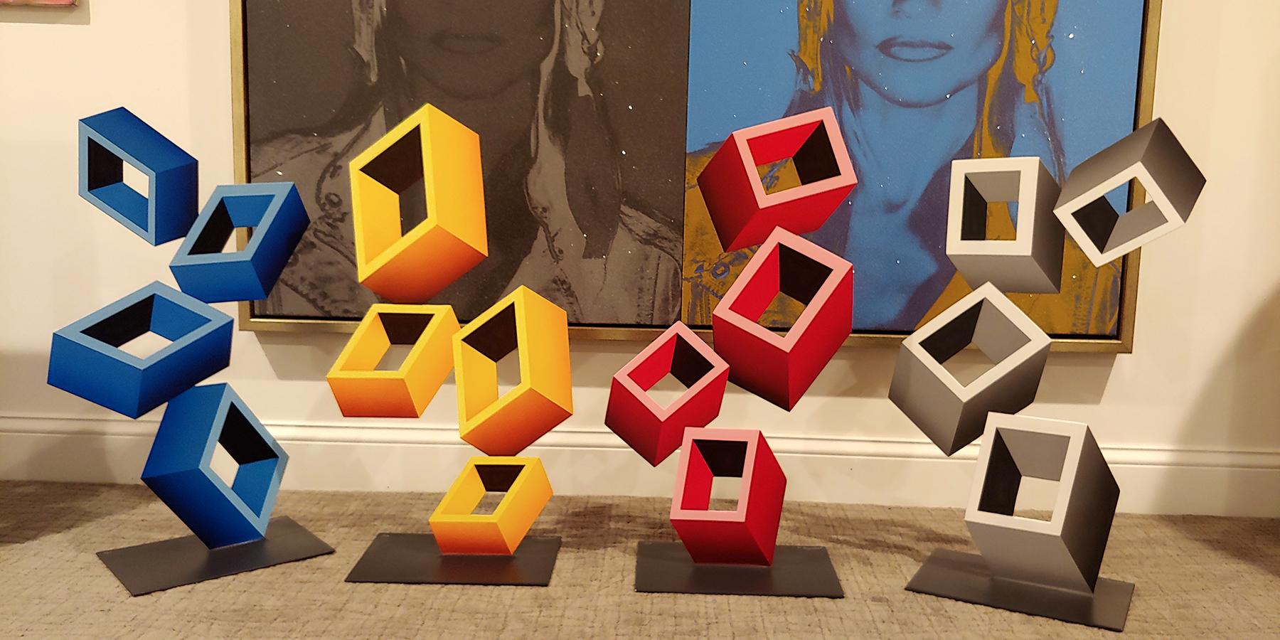 4 Yellow Boxes illusion Sculpture, Metal and Enamel 3