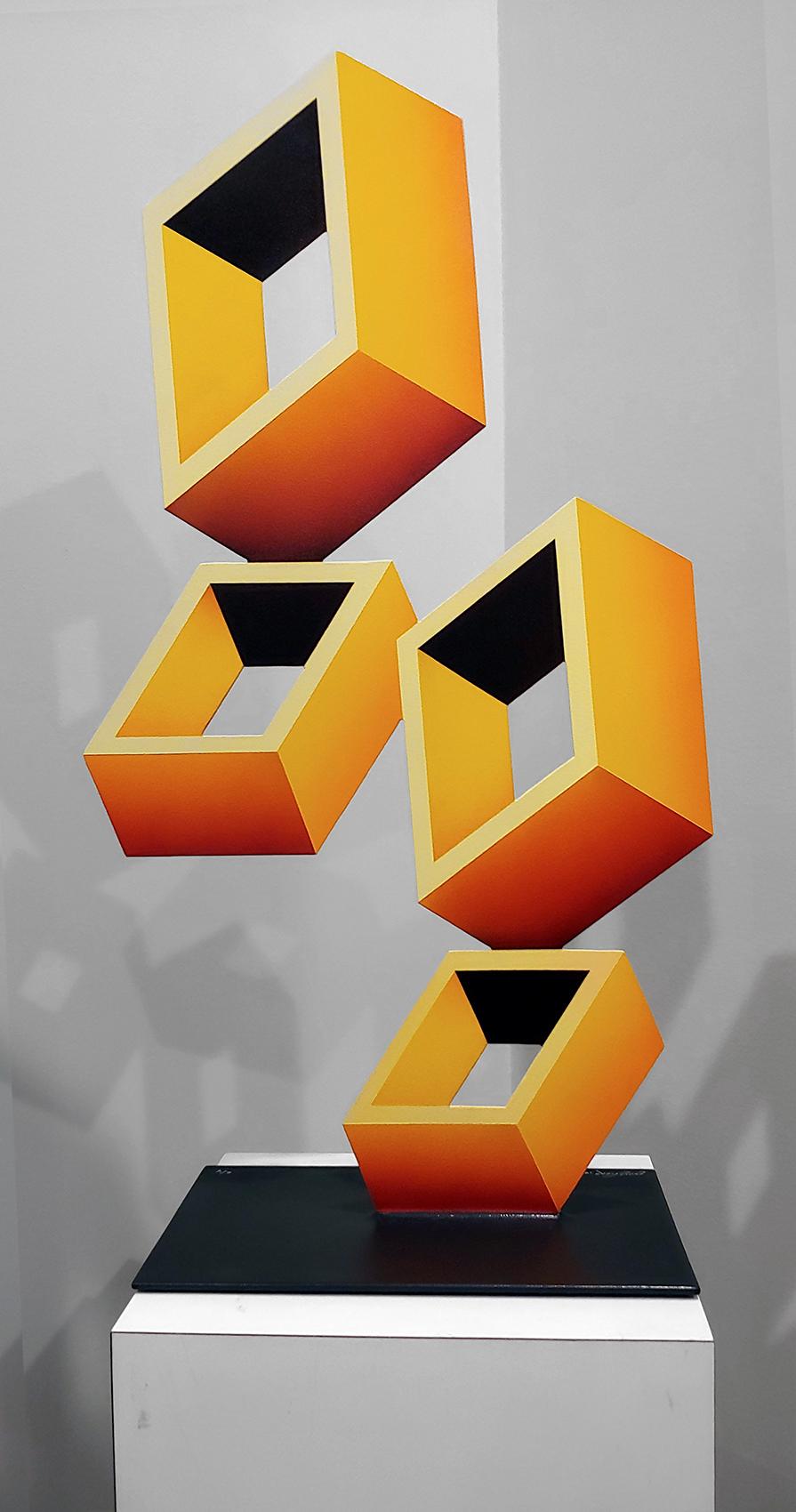 Sanseviero Still-Life Sculpture - 4 Yellow Boxes illusion Sculpture, Metal and Enamel