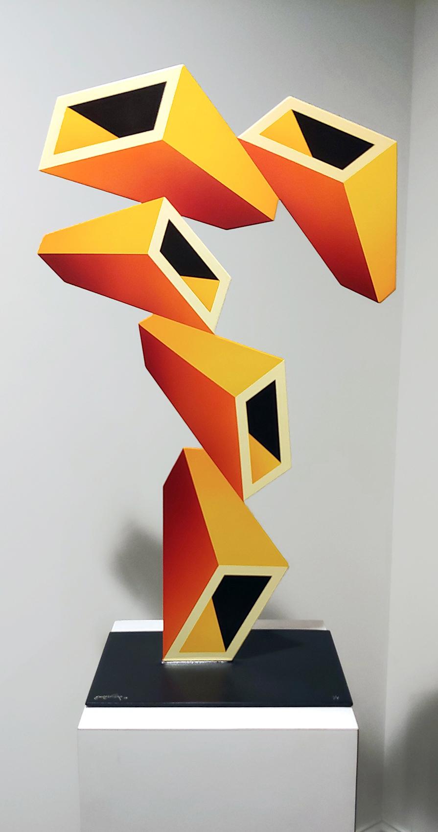 Sanseviero Abstract Sculpture – 5 Elongated Yellow Boxes. illusion sculpture End of Season sale, metal & enamel