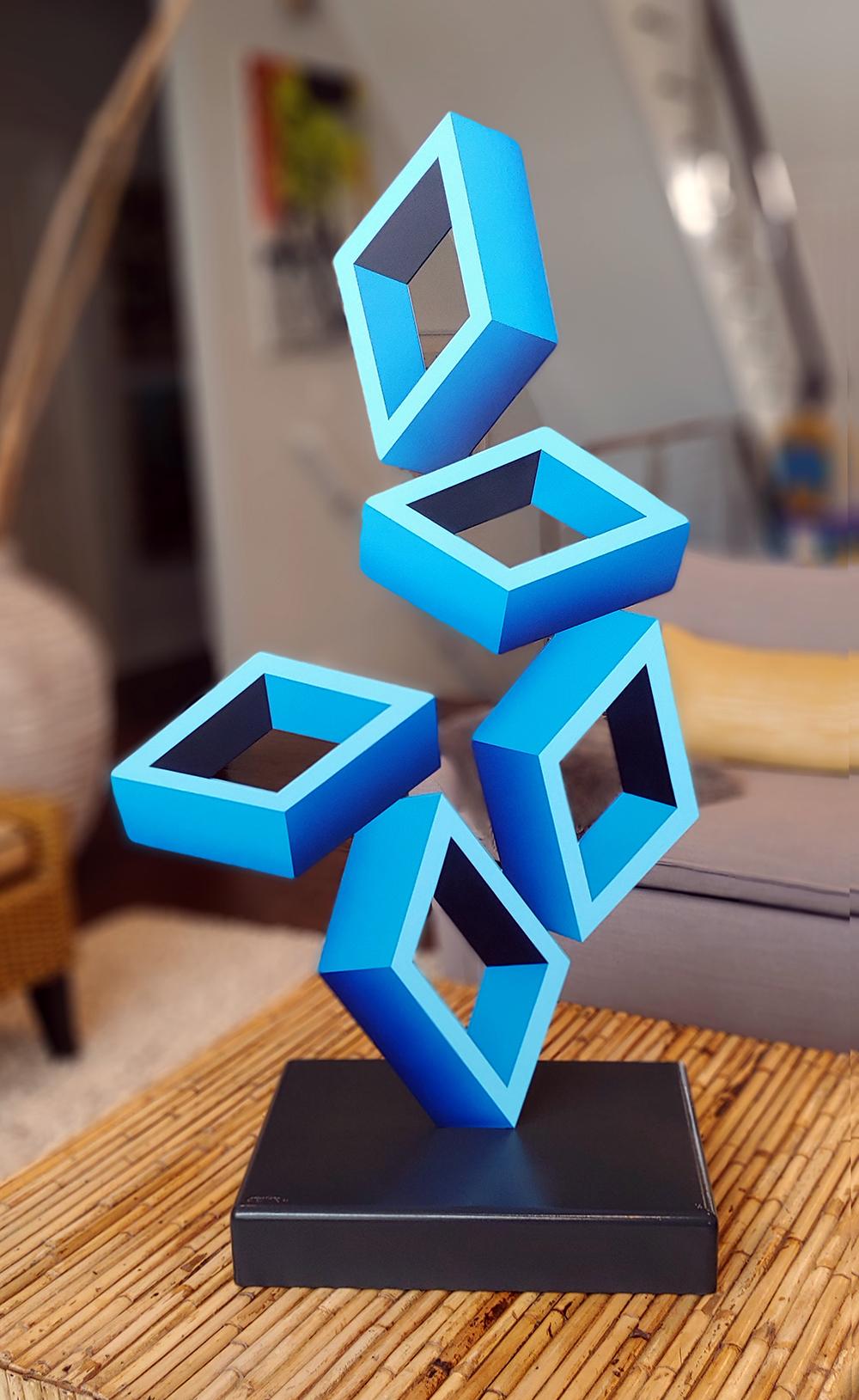 Sanseviero Abstract Sculpture - "5 Large Blue Boxes"  42" Illusion Sculpture, Aluminum and Enamel 