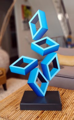 "5 Large Blue Boxes"  42" Illusion Sculpture, Aluminum and Enamel