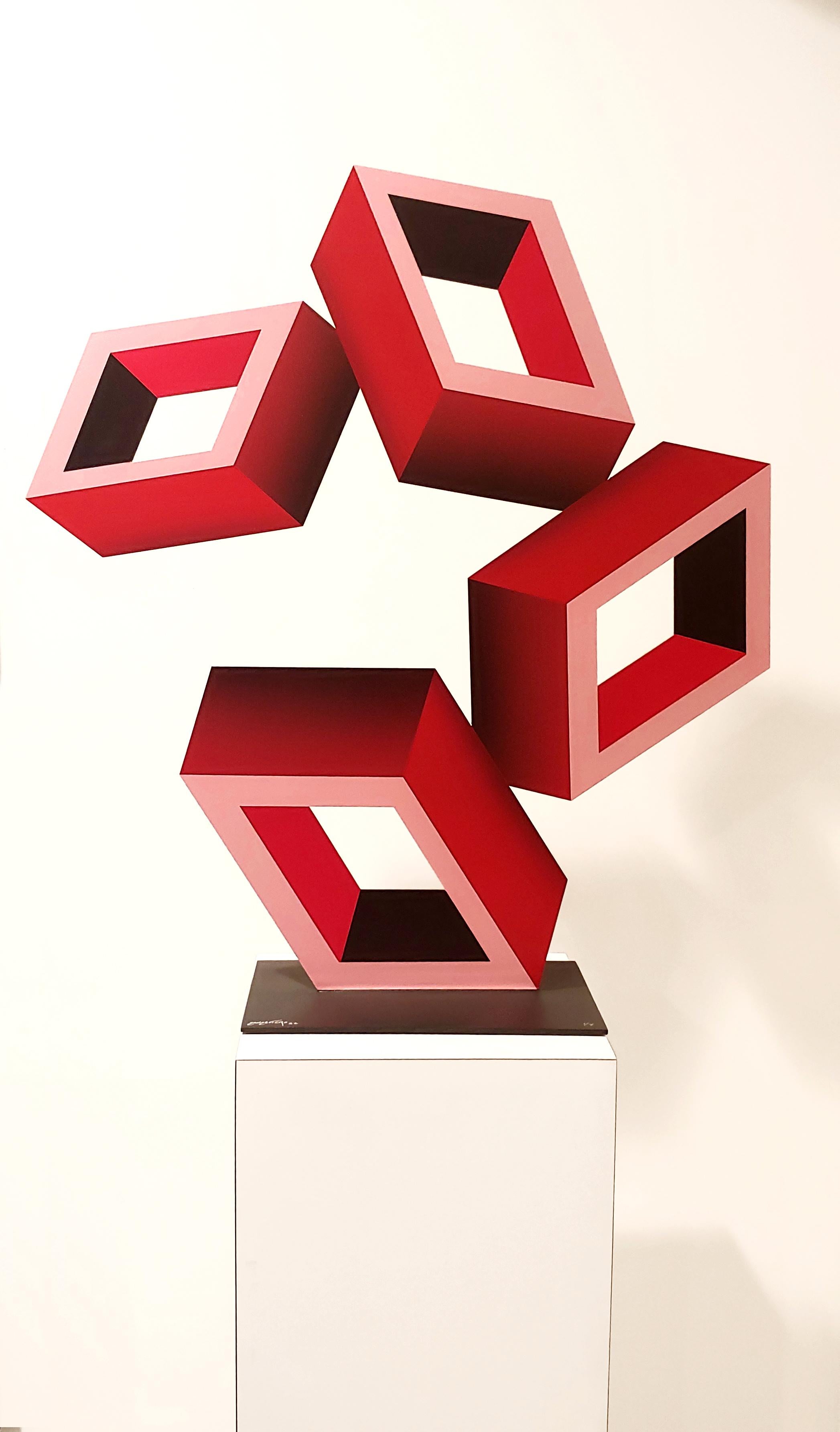 "5 RED Boxes illusion sculpture"  2022  28x25x8" 