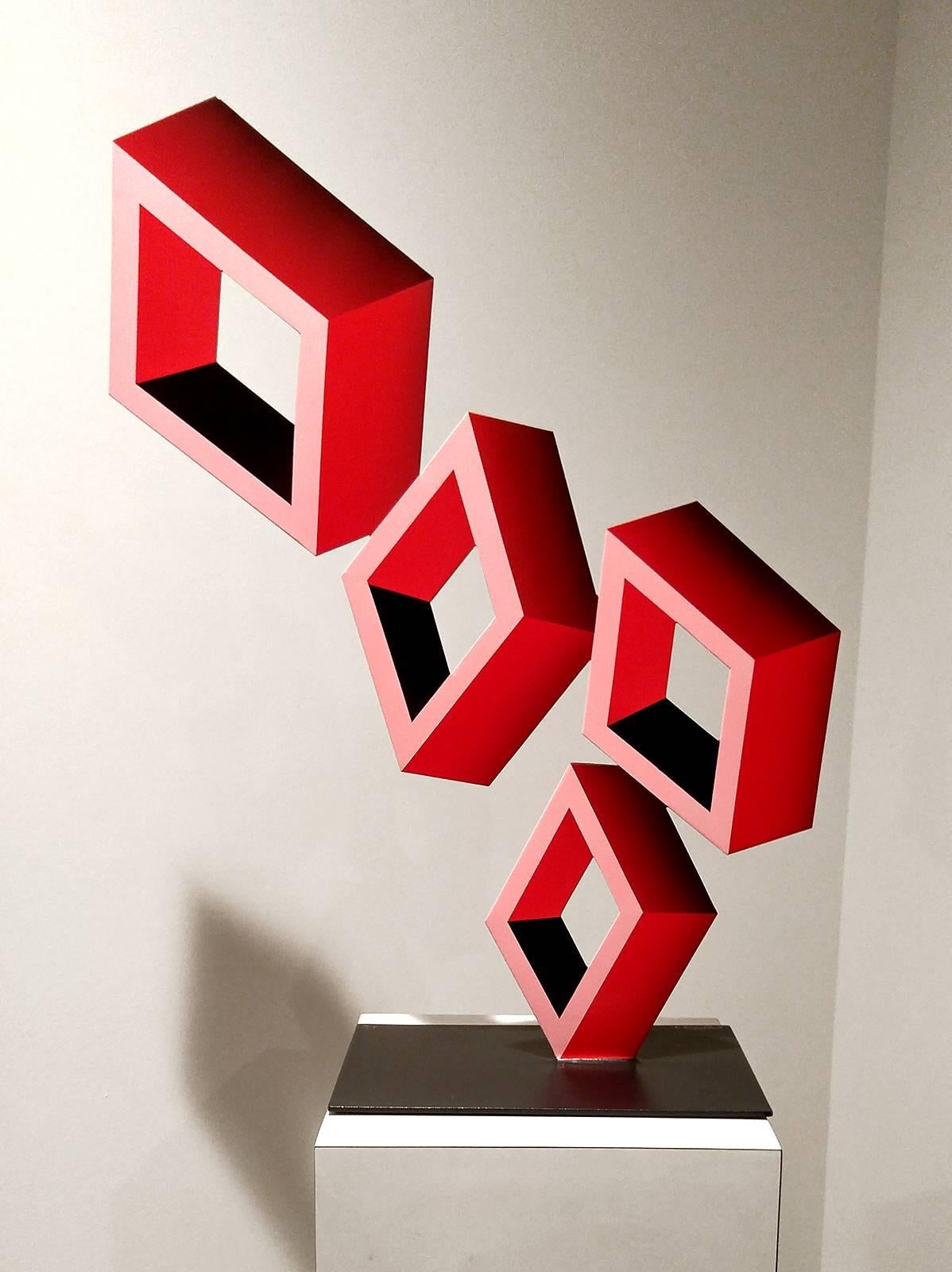 Sanseviero Abstract Sculpture - "Leaning Tower of 4 Red Boxes"  Illusion Sculpture, Metal and enamel