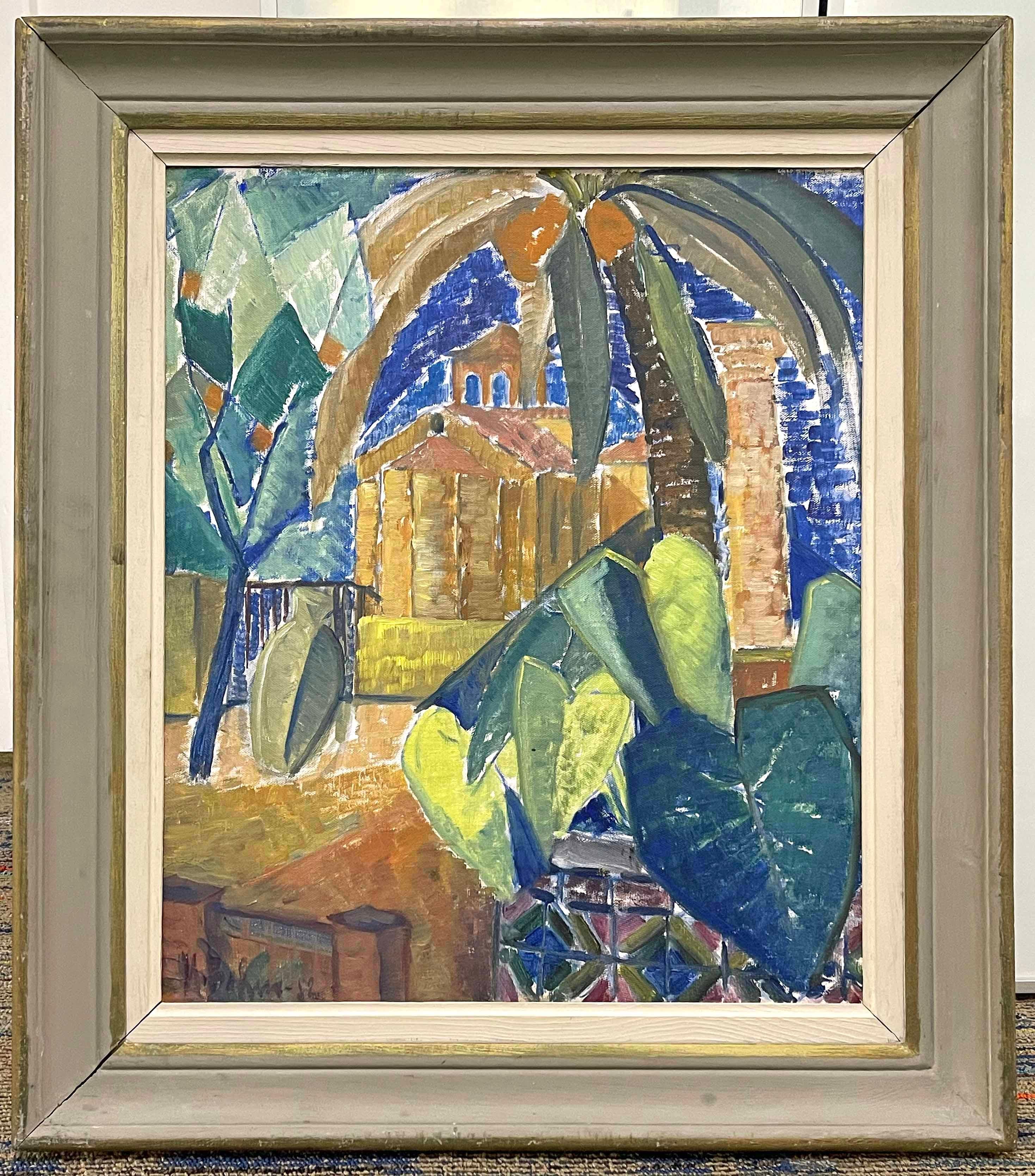 Diese in brillanten Blau-, Grün- und warmen Brauntönen gemalte, gebrochene Ansicht einer Kirche und von Palmen am Mittelmeer, deren Turm und Apsis in einem goldenen Licht erstrahlen, wurde 1952 von Marthe Bohm gemalt, nachdem sie sich in den 1940er