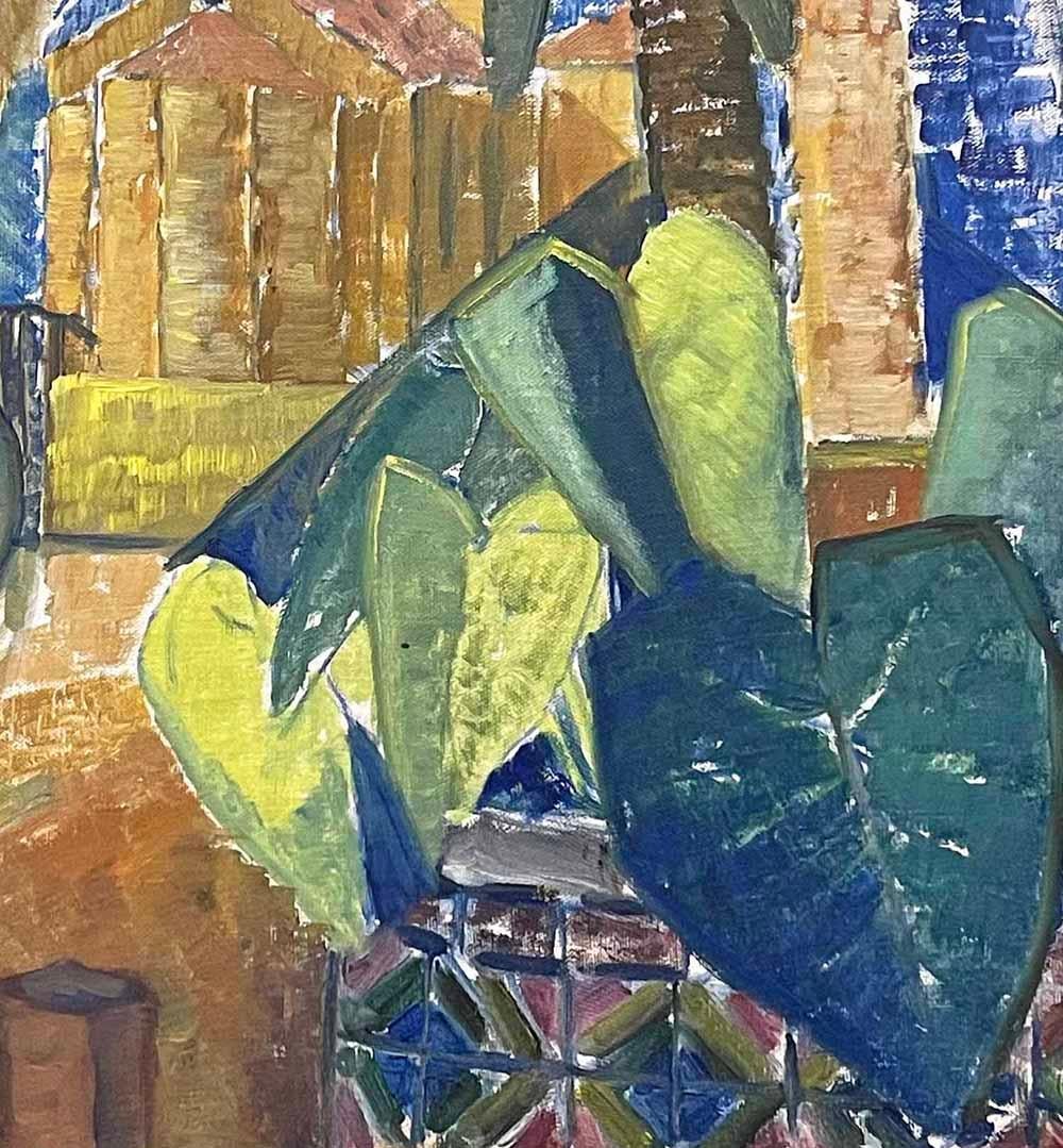„Sant Petro“, Kubistisches/Art-déco-Gemälde einer Kirche mit Palmenbäumen, Blau und Grün (Art déco) im Angebot