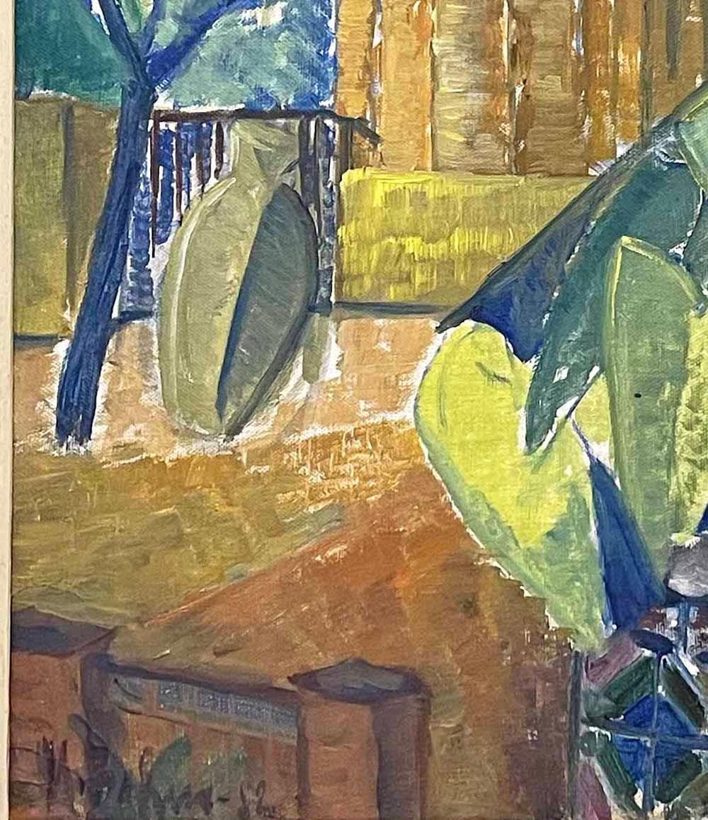 „Sant Petro“, Kubistisches/Art-déco-Gemälde einer Kirche mit Palmenbäumen, Blau und Grün (Schwedisch) im Angebot