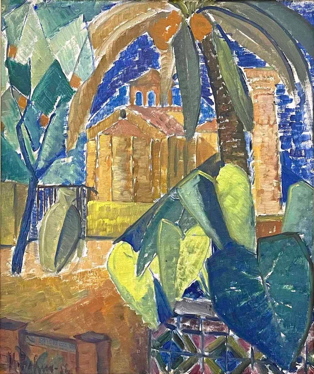 „Sant Petro“, Kubistisches/Art-déco-Gemälde einer Kirche mit Palmenbäumen, Blau und Grün im Angebot
