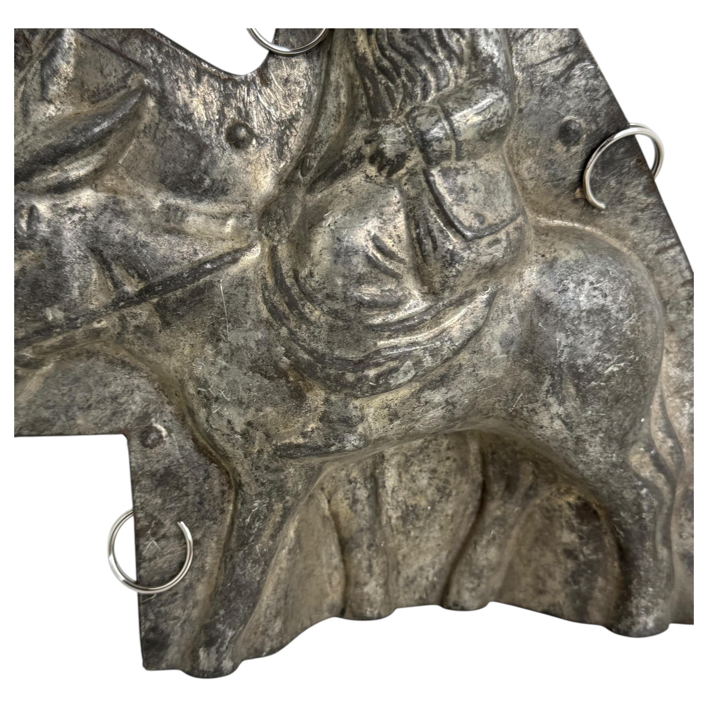 Metal Santa Claus Belsnickle on Donkey Mule Chocolate Mold Antique 1900s Germany For Sale